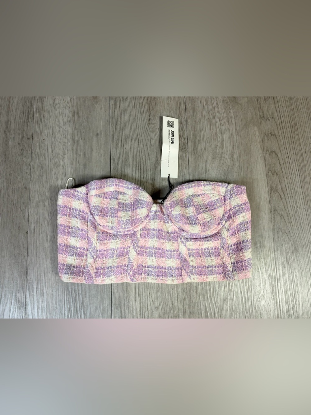 ZARA Purple Pink White Tweed Plaid Strapless Underwired Bustier Corset Top S NWT